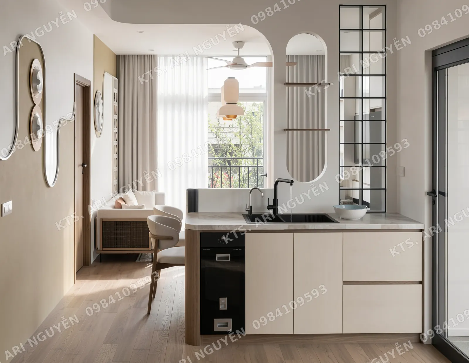 Quầy bếp nhìn ra phòng khách