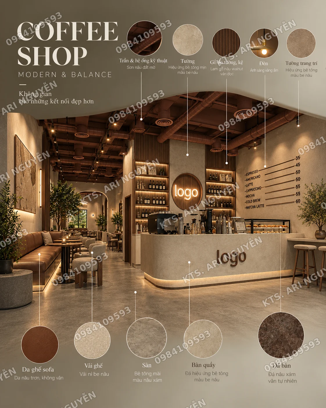 Bảng thiết kế Coffee Shop Modern & Balance: vật liệu chủ đạo