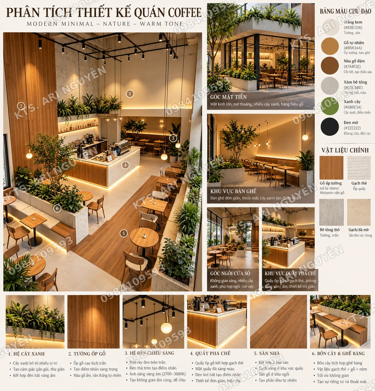 Bảng phân tích thiết kế quán cà phê Modern Minimal: bảng màu và vật liệu chính